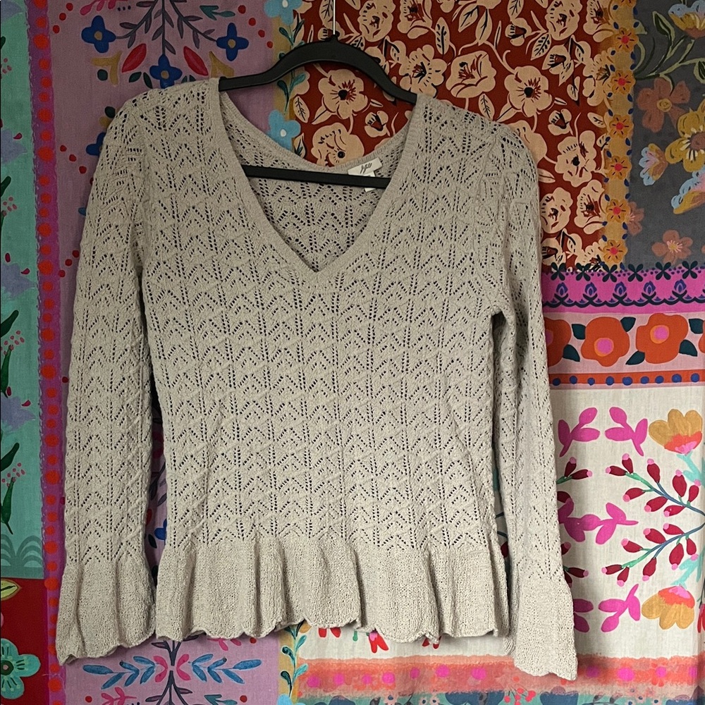 J. JILL Boho Cotton Blend Cream Knit Long Sleeve Blouse Size Small Petite
